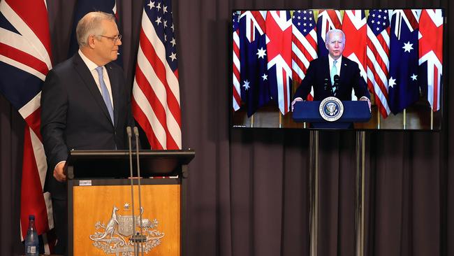 US President Joe Biden stumbled over Australian Prime Minister Scott Morrison’s name during the major announcement. Picture: NewsWire/Gary Ramage
