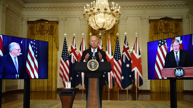 Prime Minister Scott Morrison held a joint virtual press conference with US President Joe Biden and UK Prime Minister Boris Johnson to announce the deal. Picture: Brendan Smialowski / AFP
