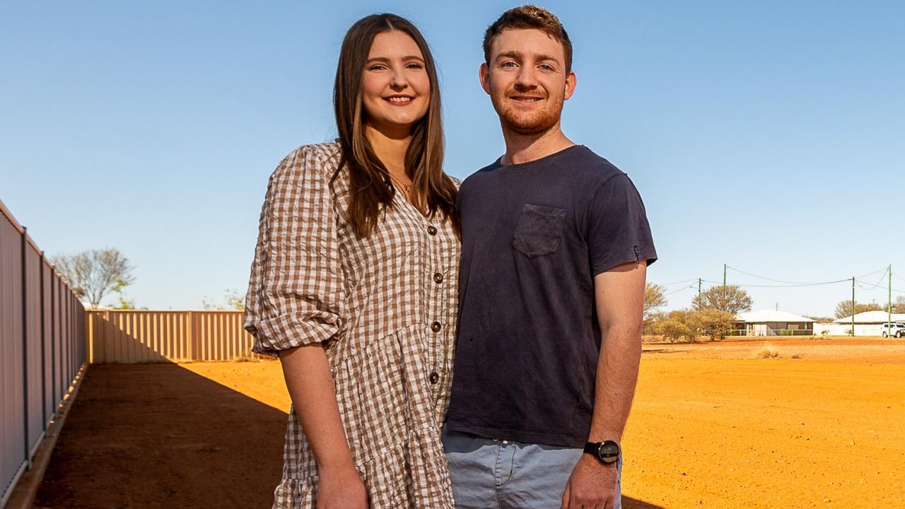 Tom Hennessy and Tessa McDougall at the block of land they have purchased in Quilpie as part of the councils home owner grant. Photo - Leon O'Neil